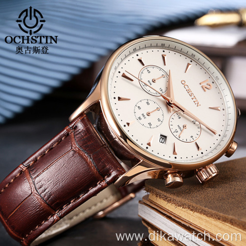 OCHSTIN 050 Fashion Watches Men Chronograph Sub-dial Waterproof Leather Wristwatch 2021 Classic Male Quartz Sports Watch